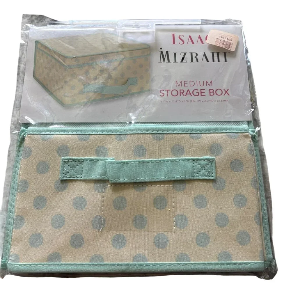 Isaac Mizzrahi Shoe Organizer & Medium Storage Box Beige w/ Green Polka Dots NEW